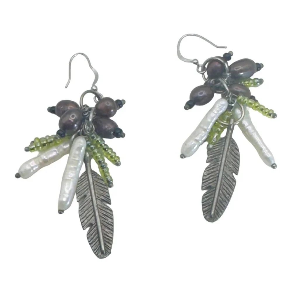 Sterling Genuine Pearl Dangle Earrings Biwa Pearls Feather Detail Beautiful Fun - Picture 6 of 7